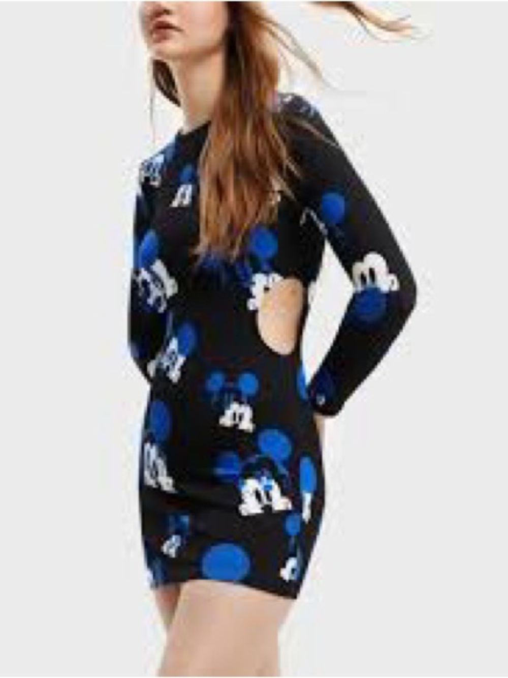Desigual Mickey Mouse Bodycon Mini Dress M Waist Cutout Long Sleeve NEW